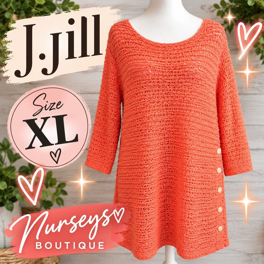 J.Jill Coral Open Knit Cotton Tunic Sweater XL Side Button Boho Coastal